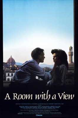 A Room With a View Movie Poster with white man and woman with man holding her face with Italy behind them