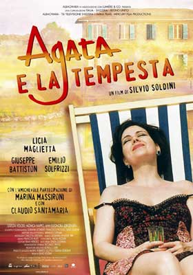 Agata and the Storm Movie Poster with white woman with short dark hair paying on striped canvas