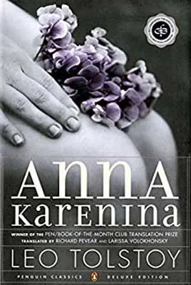 Anna Karenina by Leo Tolstoy book cover with purple flowers and hand on chest