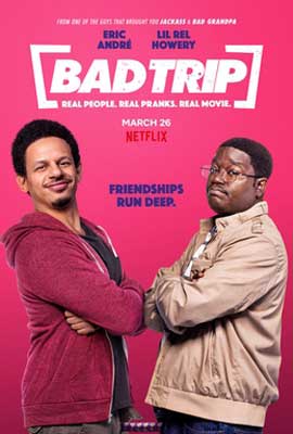 Bad Trip movie poster with two people of color with arms crossed facing each other on pink background