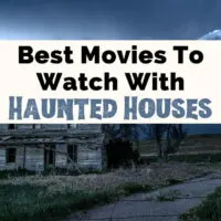 Best Haunted House Movies with image of old gray house on empty road with no windows and spooky dark blue sky with clouds