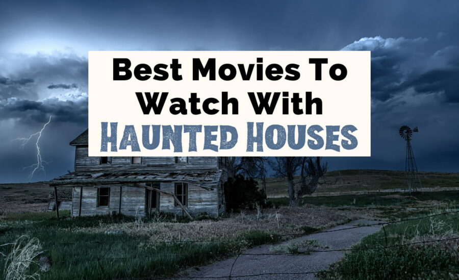 Best Haunted House Movies with image of old gray house on empty road with no windows and spooky dark blue sky with clouds