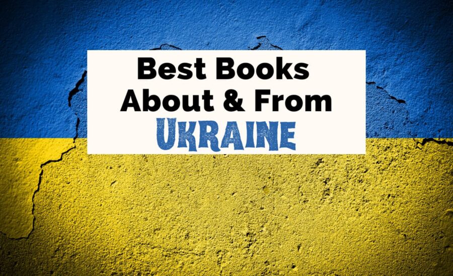 Books About Ukraine and Ukrainian Books with image of blue and yellow flag on concrete