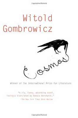 Cosmos by Witold Gombrowicz book cover with title in cursive ending with black crow and his beak writing it