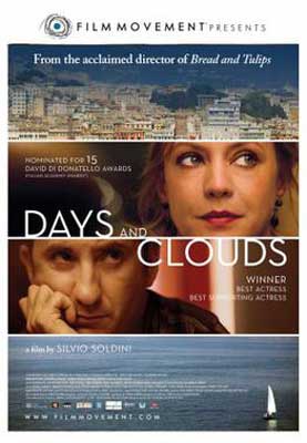 Days and Clouds Film Poster with white man and woman's face with image of city above them
