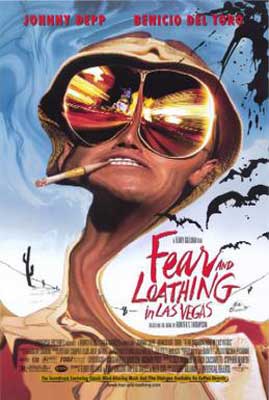 Fear and Loathing in Las Vegas Movie Poster with white man wearing large sunglasses and hat smoking but his neck is slightly distorted to fit title and swirling sky