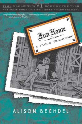 Fun Home by Alison Bechdel book cover with illustrated gray photograph with adult and child on steps