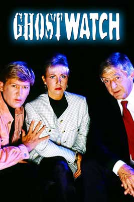 Ghostwatch Film Poster with three white people with one wearing black suit and red tie and one in one jacket with person in pink jacket holding their arm 