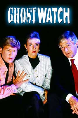 Ghostwatch Film Poster with three white people with one wearing black suit and red tie and one in one jacket with person in pink jacket holding their arm