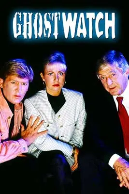Ghostwatch Film Poster with three white people with one wearing black suit and red tie and one in one jacket with person in pink jacket holding their arm