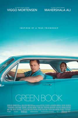 Green Book Movie poster with one man in front and one man in back of a turquoise car with blue sky