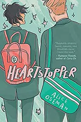 Heartstopper by Alice Oseman book cover with two illustrated people walking with their backs toward viewer and one has a green satchel and the other a orange backpack