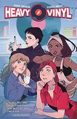 Heavy Vinyl by Carly Usdin and Nina Vakueva book cover with illustrated group of women and blue and pink vinyl record on wall behind them