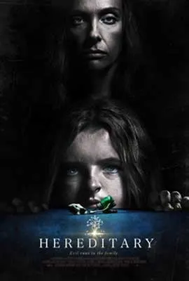 Hereditary Film Poster with image of two people with long dark hair - one older and one younger - with grayed out tiny looking forward