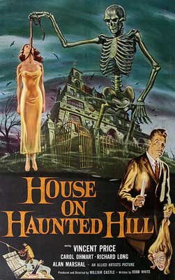 House on Haunted Hill with illustrated image of person in yellow orange dress and haunted house in background