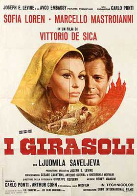 I Girasoli Film Poster with woman with yellow head scarf and man's face behind her