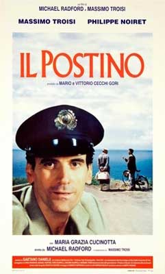 Il Postino Movie Poster with white man wearing hat with water landscape and two men talking in the background