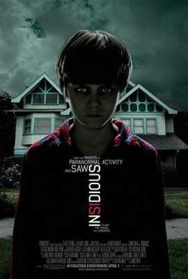 Insidious Movie poster with young brunette boy in red plaid shirt in front of dark gray tinted house