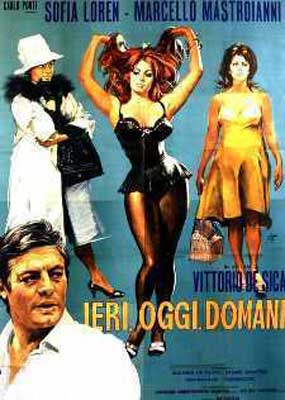 Leri, Oggi, Domani Movie Poster with three women in different types of dresses from conservative to sexy and man in front