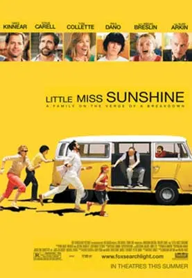Little Miss Sunshine Movie Poster with kids and adults running toward open door of a yellow vintage RV