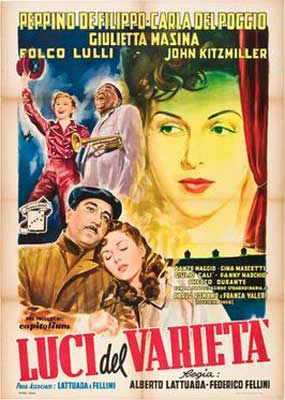 Luci del Varieta Film Poster with woman leaning head on man's shoulder and women and performers in background