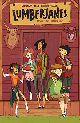 Lumberjanes by Noelle Stevenson et all book cover with illustrated people sitting on steps outside cabin