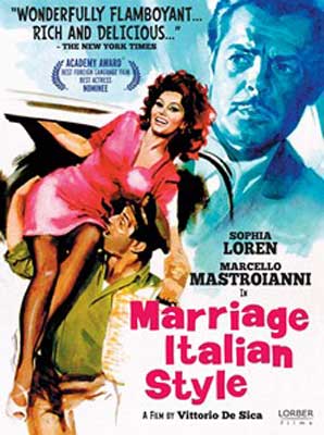 Marriage Italian Style Movie Poster with white woman with curly hair in pink dress being playfully picked up by man in green shirt and cap