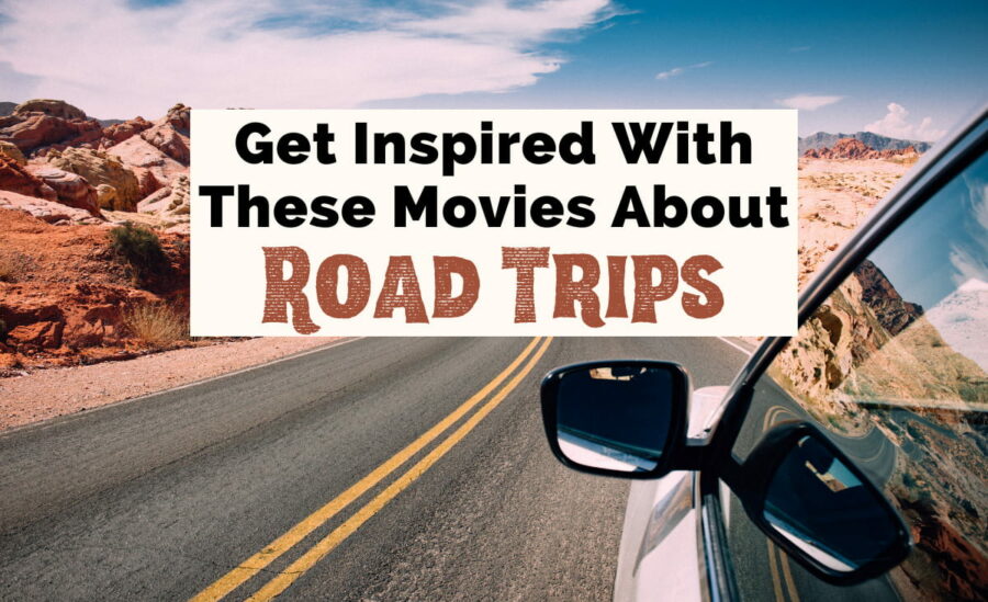 Movies About Road Trips with side of car with side mirror showing and open road surrounded by rocks and landscape