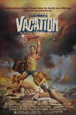 National Lampoons Vacation Movie Poster with white male with family clinging to his legs as he dramatically raises a tennis racket