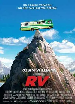 RV movie poster with green and white RV balancing on top of a thin peaked mountain