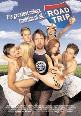 Road Trip movie poster with seven younger white people two of whom are a guy and girl almost kissing and the center man holding out his hand with a jagged tattooed line