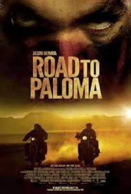 Road to Paloma Film Poster with two people riding motorcycles in dark landscape with brown and yellow color tinting