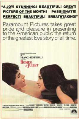 Romeo and Juliet Movie Poster with white brunette man and woman lying in bed
