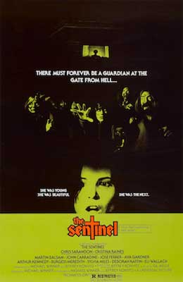 The Sentinel Movie Poster with woman's face tinted green and hard to see people with terrified looks on their faces