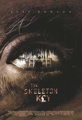 Skeleton Key Movie Poster with up close of person's eye with person walking toward house in reflection instead of pupil