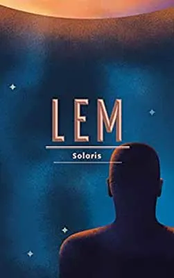 Solaris by Stanisław Lem book cover with person with no hair looking out at blue and purple starry sky