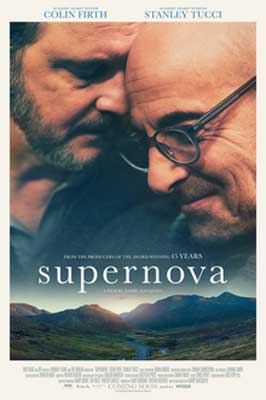 Supernova Movie poster with two white men's faces and they are leaning into each other