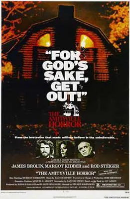 The Amityville Horror Film Poster with a quote in white that says For God's sake, get out and black and white image of two male and one female actors