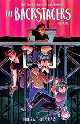 The Backstagers by James Tynion IV and Rian Sygh book cover with illustrated group of people hanging from metal setup with pink curtain