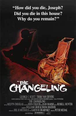 The Changeling Movie Poster with image of wheelchair with cobwebs and shadowing person nearby