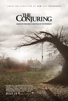 The Conjuring Movie poster with bare tree with rope hanging from it in front of gray white house in fog