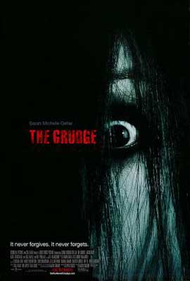 The Grudge movie poster with person with hair covering face and one eye looking out