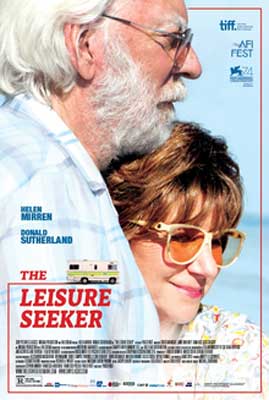 The Leisure Seeker Movie Poster with older white man and woman with redish hair and sunglasses embracing