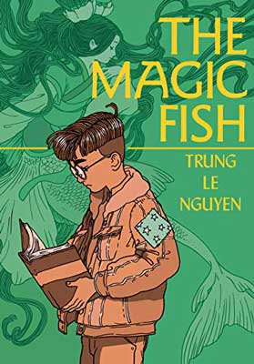 The Magic Fish by Trung Le Nguyen book cover with illustrated person all in brown in jacket reading a book on green background