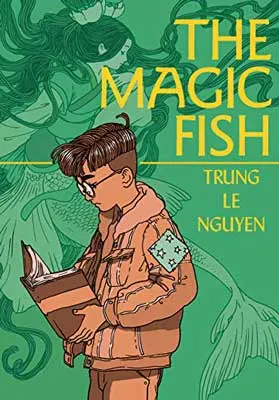 The Magic Fish by Trung Le Nguyen book cover with illustrated person all in brown in jacket reading a book on green background