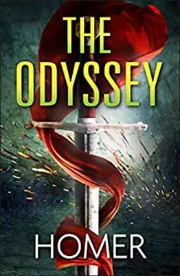 The Odyssey by Homer book cover with silver sword with red cloth