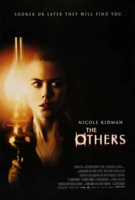 The Others Movie Poster with white woman holding a brightly glowing lamp in dark