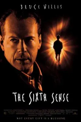 The Sixth Sense Movie poster with white male in collared shirt and person walking with red golden light around them