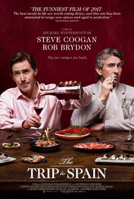 The Trip to Spain Movie Poster with two white men at table with food and one pouring wine into a glass