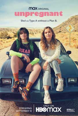 Unpregnant movie poster with young white boy and girl sitting on top of car that's on a road surrounded by rocky landscape